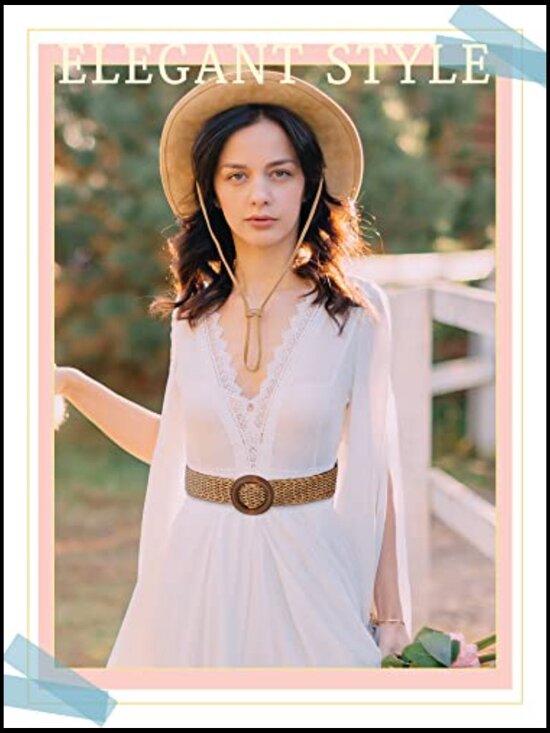 Woven Straw Belt Women Elastic Stretch Waist Braided Boho Rattan Wood Buckle main image 7